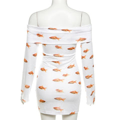 Goldfish print off shoulder long sleeve mini dress
