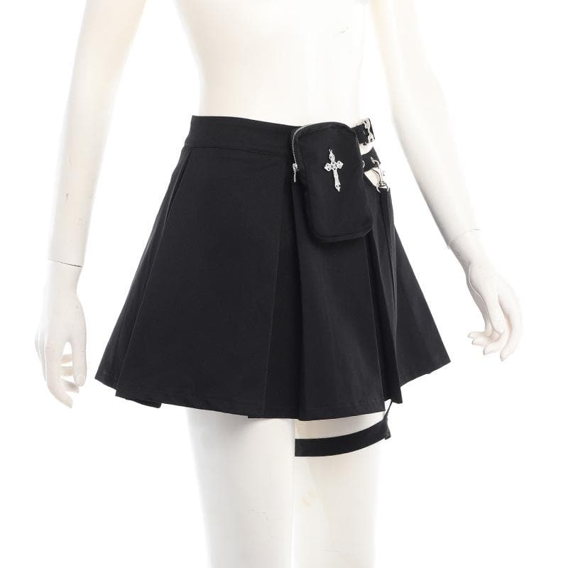 Pocket irregular pleated solid buckle zip-up mini skirt