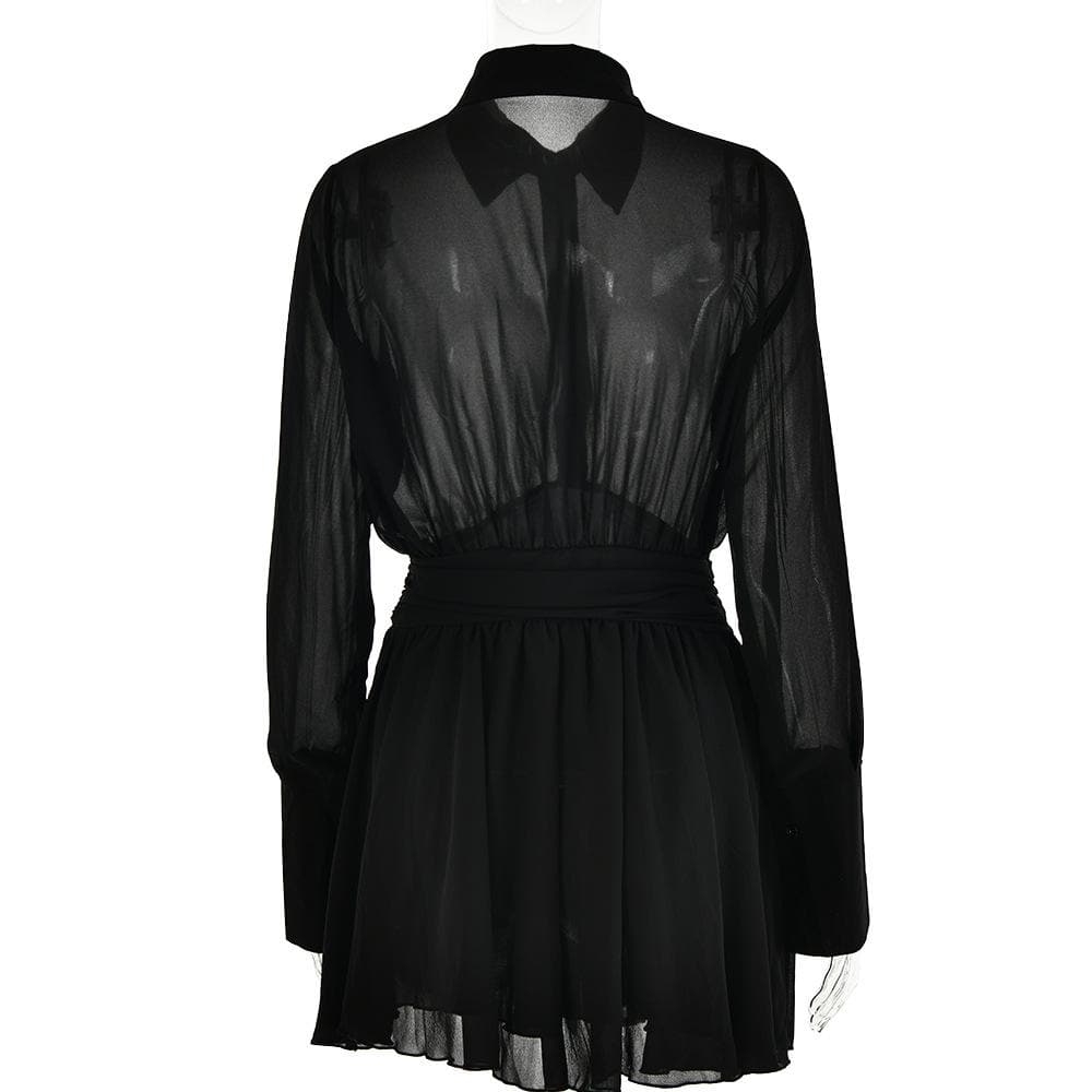 Turnover collar button long sleeve ruched zip-up chiffon mini dress