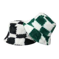 Plaid print contrast fluffy fisherman bucket hat