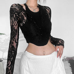 Lace button long sleeve solid see through crop top