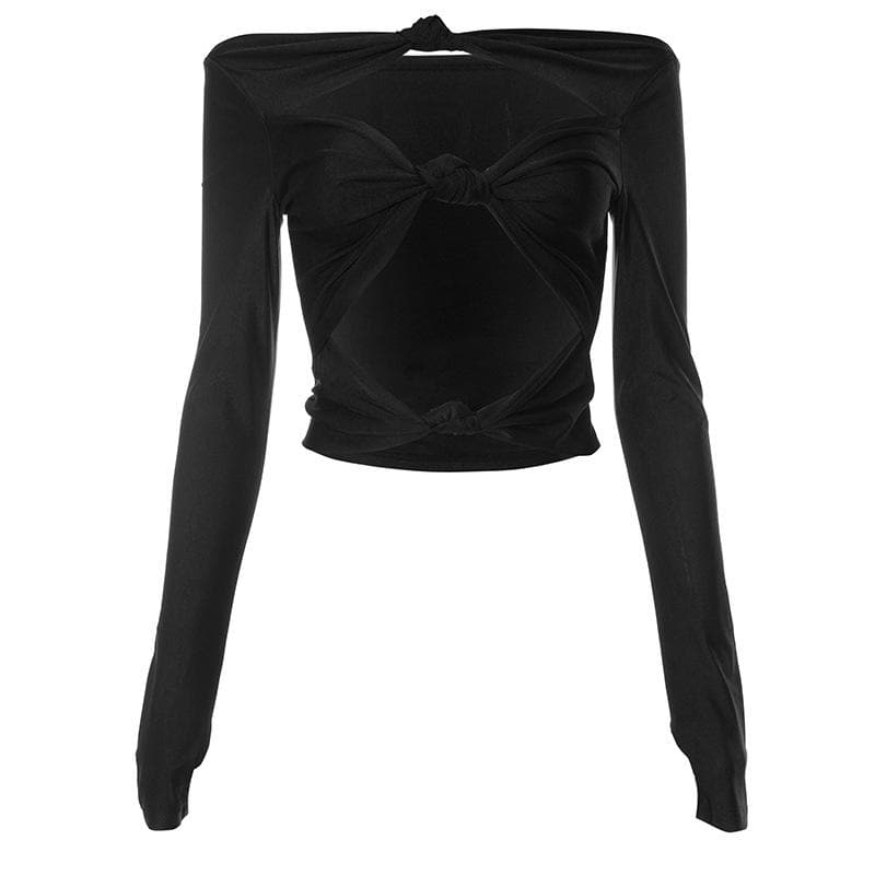 Knotted gloves long sleeve solid hollow out off shoulder top