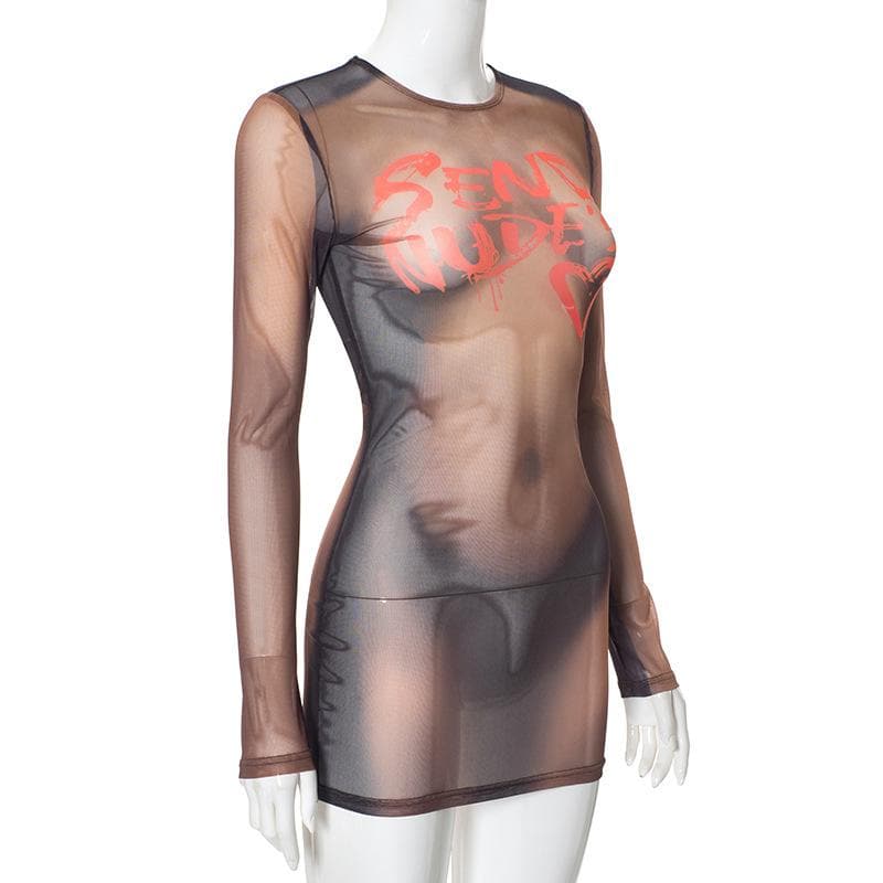 Langärmliges Minikleid mit Rundhalsausschnitt und Bodyprint aus transparentem Netzstoff 