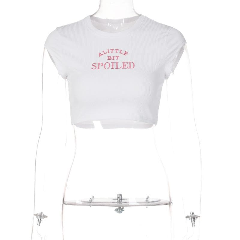 “SPOILEDâ€?embroidery contrast crewneck cap sleeve crop top