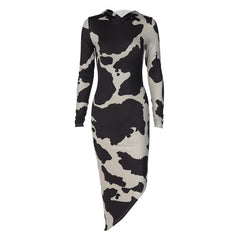 Cow print long sleeve contrast hoodie irregular midi dress