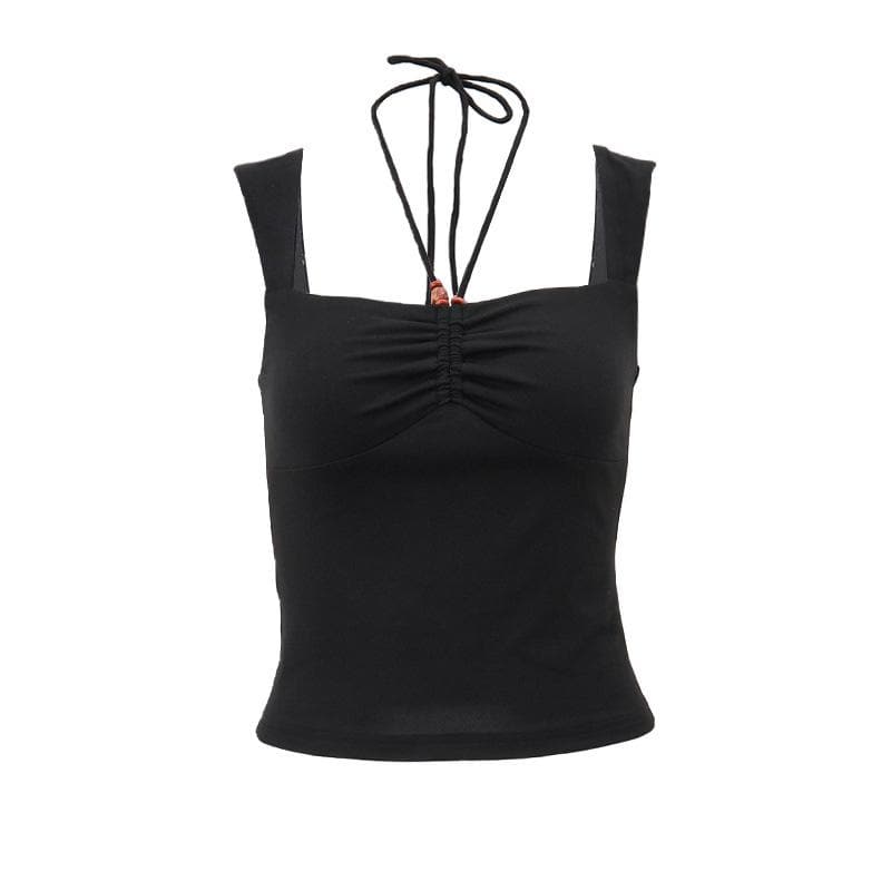 Top de cuentas fruncido liso sin mangas con cuello halter