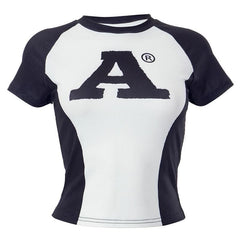 Ribbed contrast short sleeve "A" pattern crewneck top