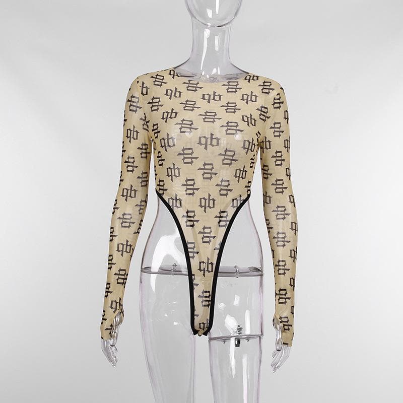 Print crewneck long sleeve bodysuit