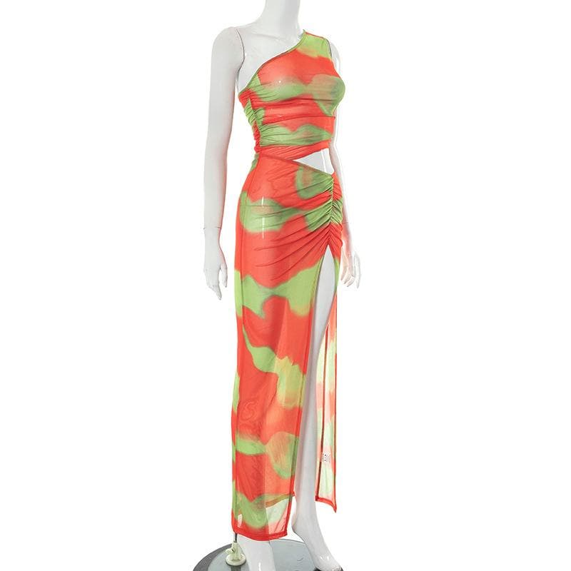 Irregular ruched slit sheer mesh see through tie dye one shoulder maxi dress