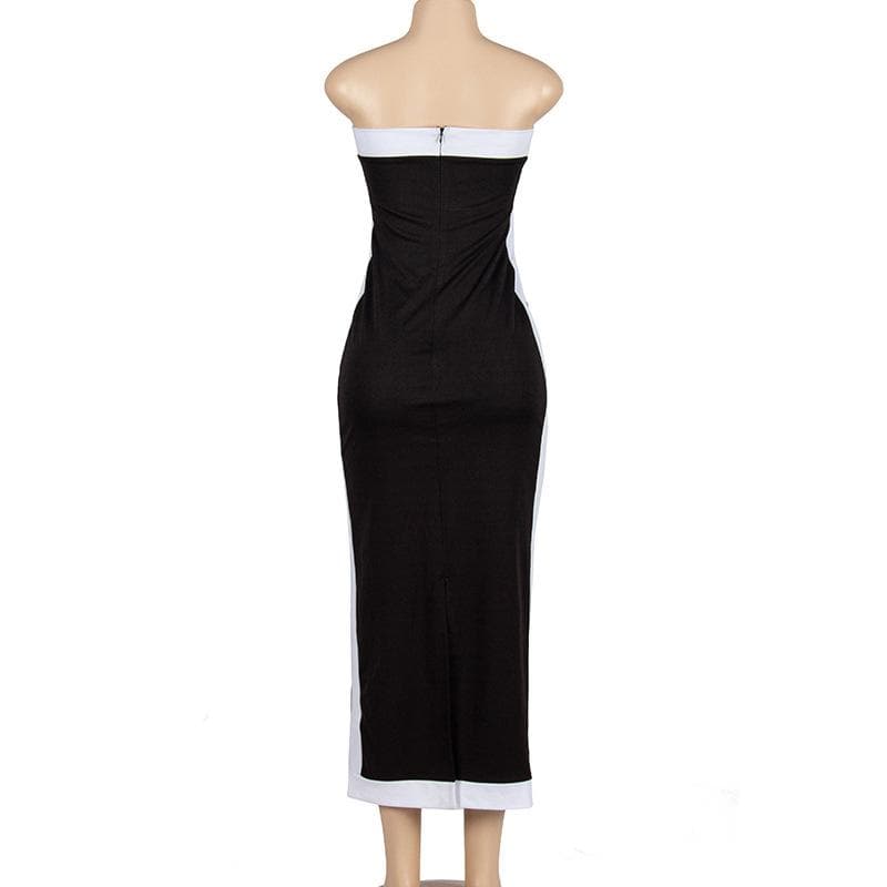 Zip-up backless patchwork contrast tube maxi dress