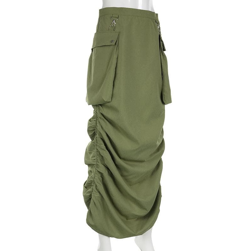 Ruched solid button cargo pocket zip-up midi skirt