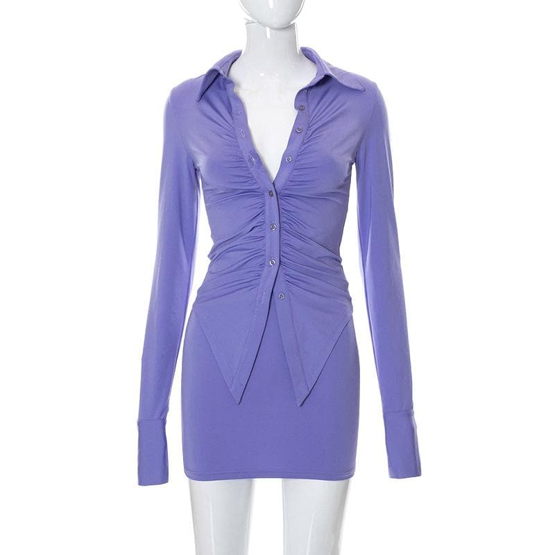 Turnover collar ruched button long sleeve solid mini skirt set