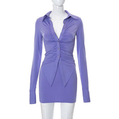 Turnover collar ruched button long sleeve solid mini skirt set