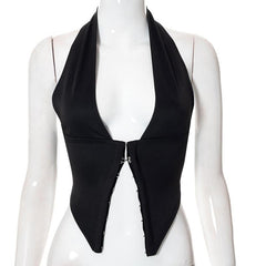 Top tipo corsé con cuello halter, espalda descubierta, liso, abotonado y corte bajo 