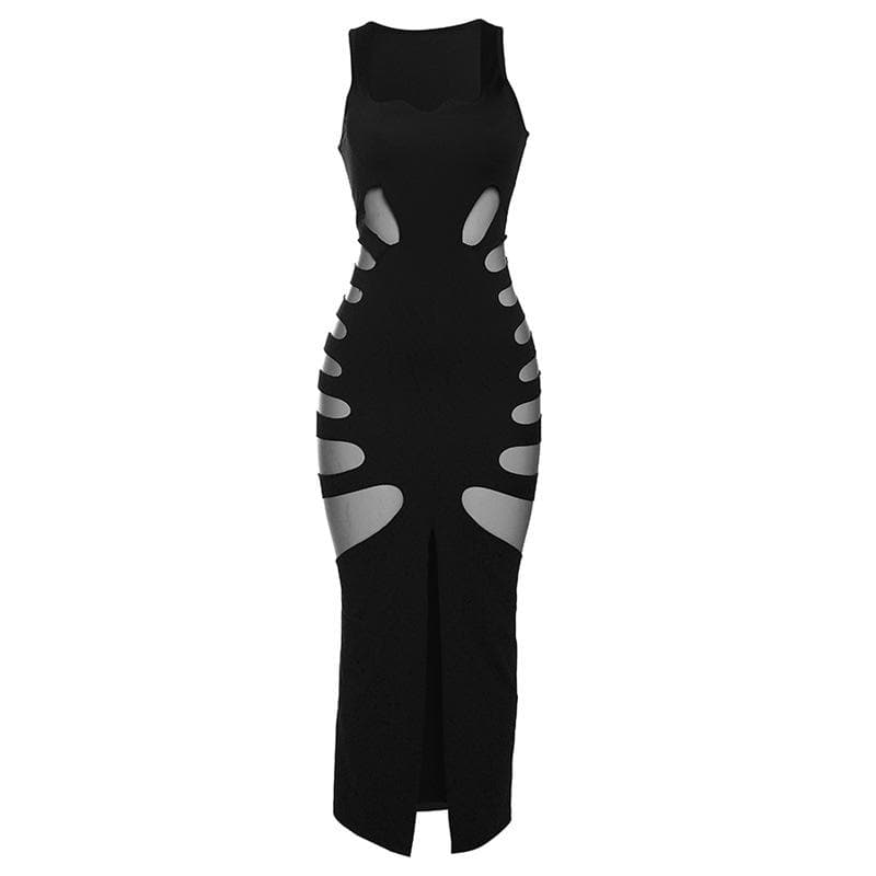 Hollow out solid slit sleeveless low cut maxi dress