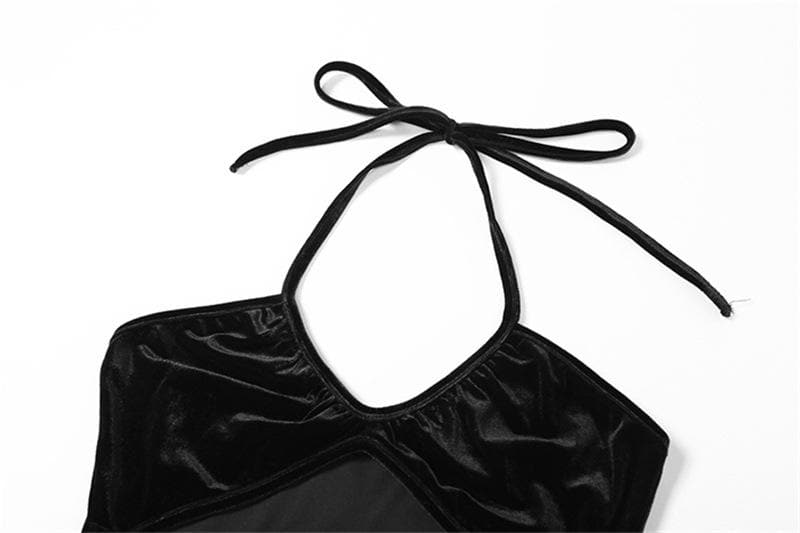 Halter velvet solid drawstring hollow out backless mini dress