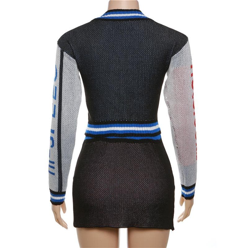 Knitted long sleeve contrast zip-up mini skirt set