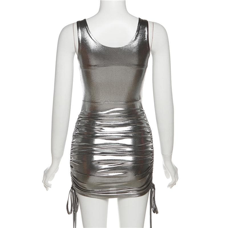 Mesh v neck drawstring buckle ruched metal mini dress