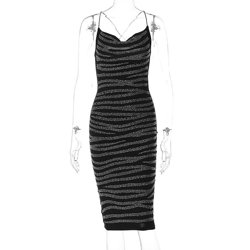 Beaded cowl neck cross back contrast spaghetti strap backless midi dress