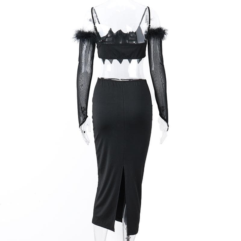 Solid hollow out mesh slit feather gloves midi skirt set