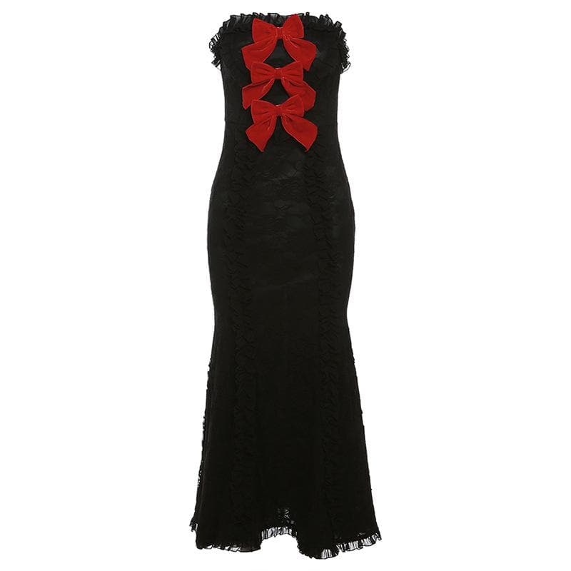 Lace contrast bowknot zip-up ruffle backless tube maxi dress