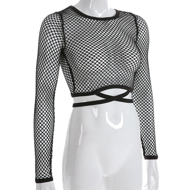 Round neck long sleeve tie back fishnet top