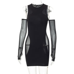 Mesh sleeveless solid gloves crewneck mini dress