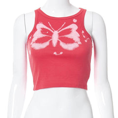 Camiseta sin mangas con estampado de mariposas y cuello redondo 