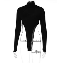 High neck long sleeve solid hollow out backless bodysuit