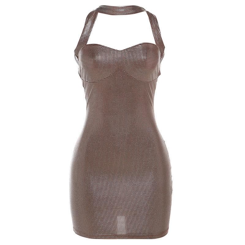 metallic halter sweetheart neck backless mini dress