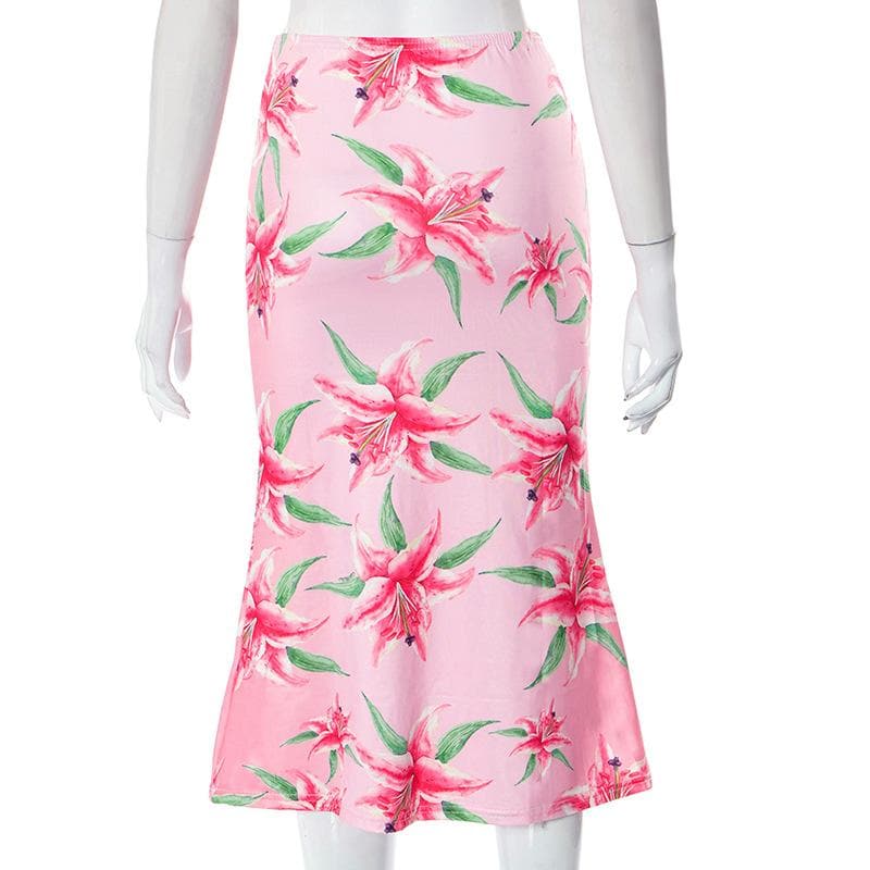 Flower print contrast high rise midi skirt