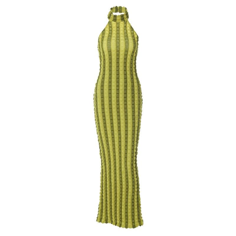 Waffle halter contrast backless high neck maxi dress