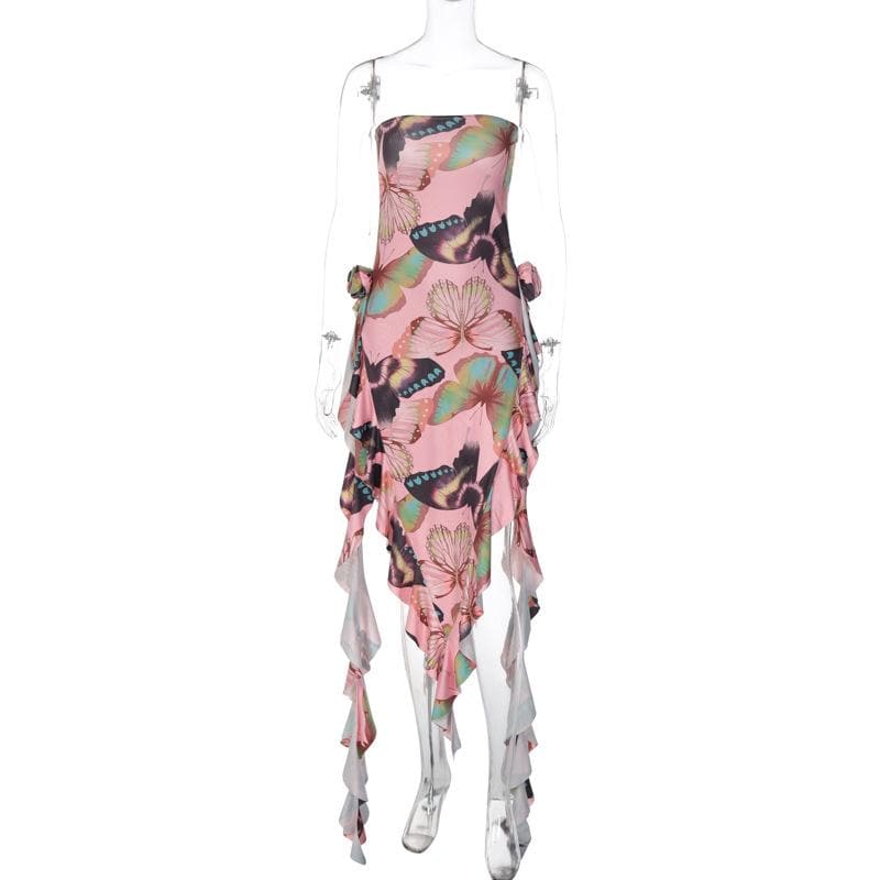 Butterfly print ruffle ribbon flower applique contrast backless maxi dress