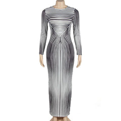 Striped print long sleeve crewneck contrast maxi dress