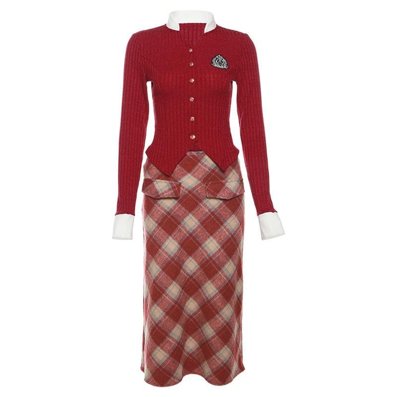 Long sleeve turnover collar plaid button zip-up contrast midi skirt set