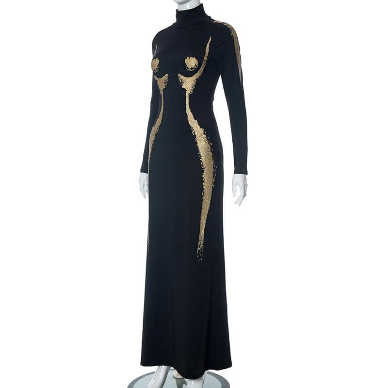 High neck long sleeve body print contrast maxi dress