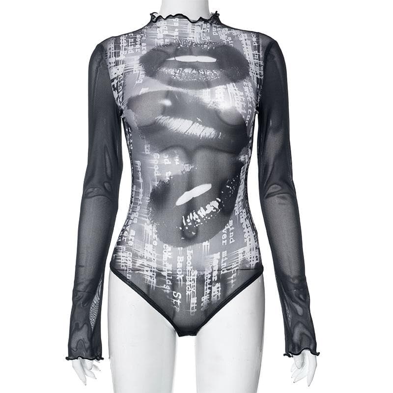 Transparenter Bodysuit aus transparentem Netzstoff mit Lippenabdruck und hohem Halsausschnitt und Rüschen