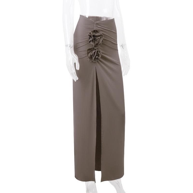 Ruched hight slit flower applique irregular solid maxi skirt