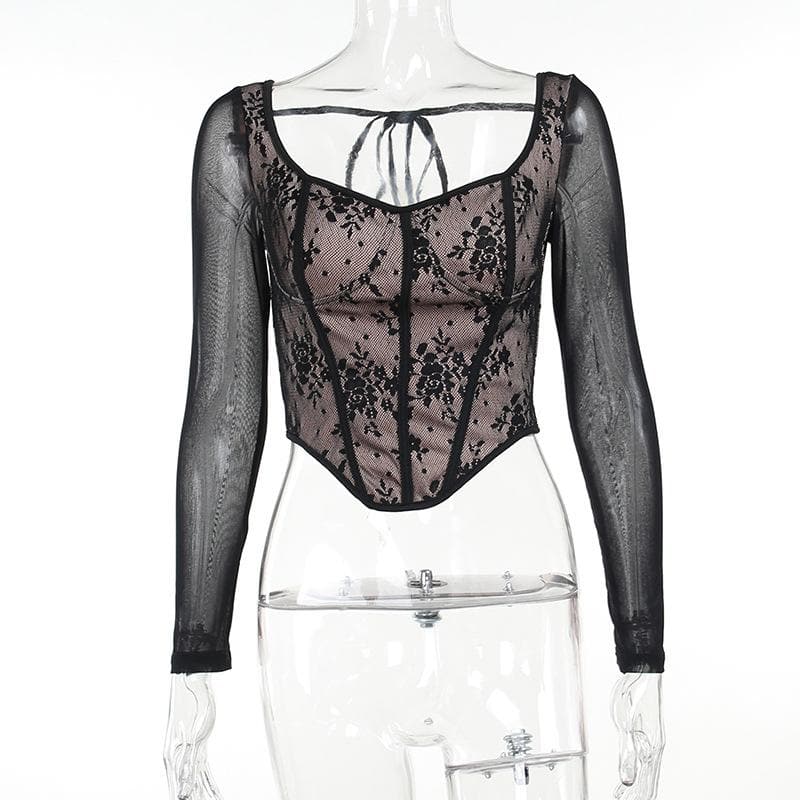 Lace contrast corset long sleeve zip-up self tie top