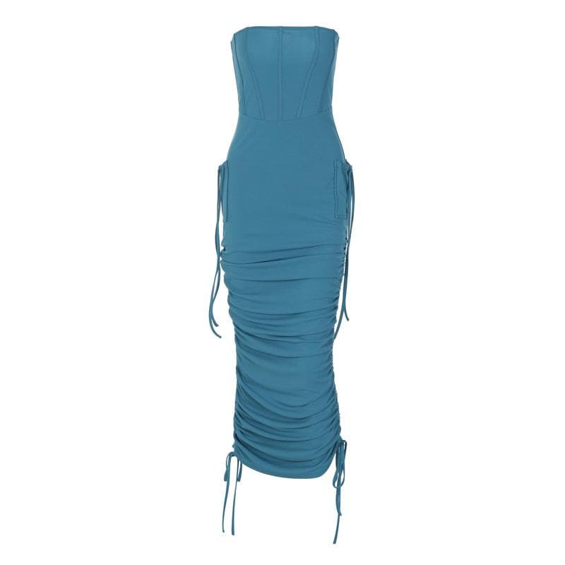 Ruched backless solid drawstring tube midi dress