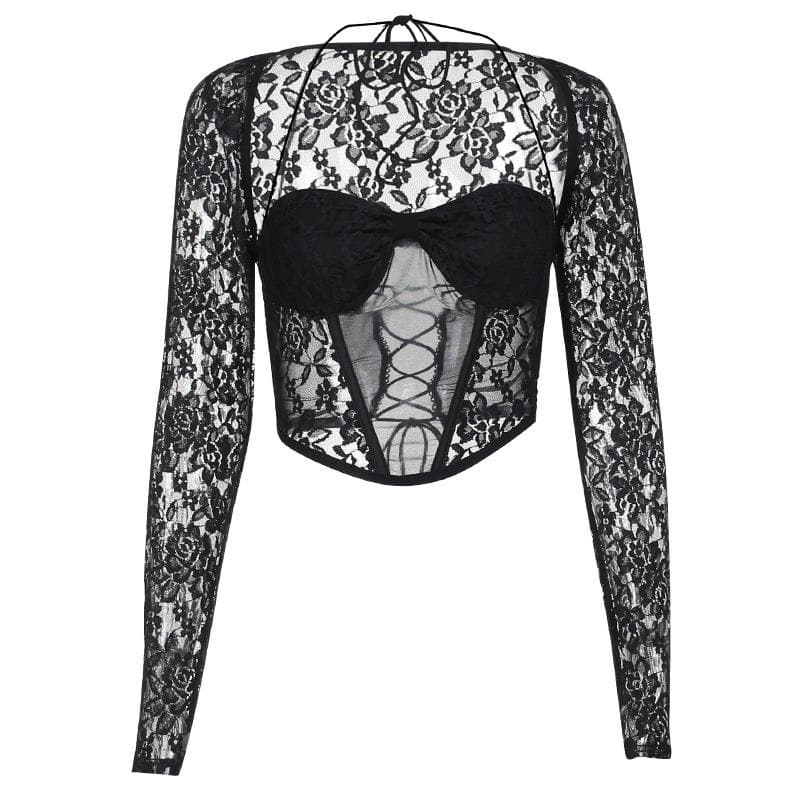 Halter lace self tie long sleeve corset mesh lace up top