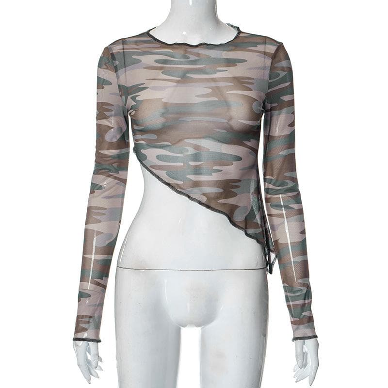 Langärmliges, durchsichtiges Crop-Top aus transparentem Mesh mit Rundhalsausschnitt und Stitch-Camouflage 