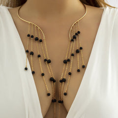 Faux pearl contrast tassels open necklace