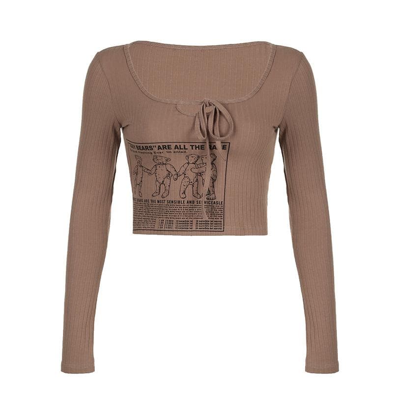 Ribbed bear pattern contrast long sleeve self tie square neck crop top