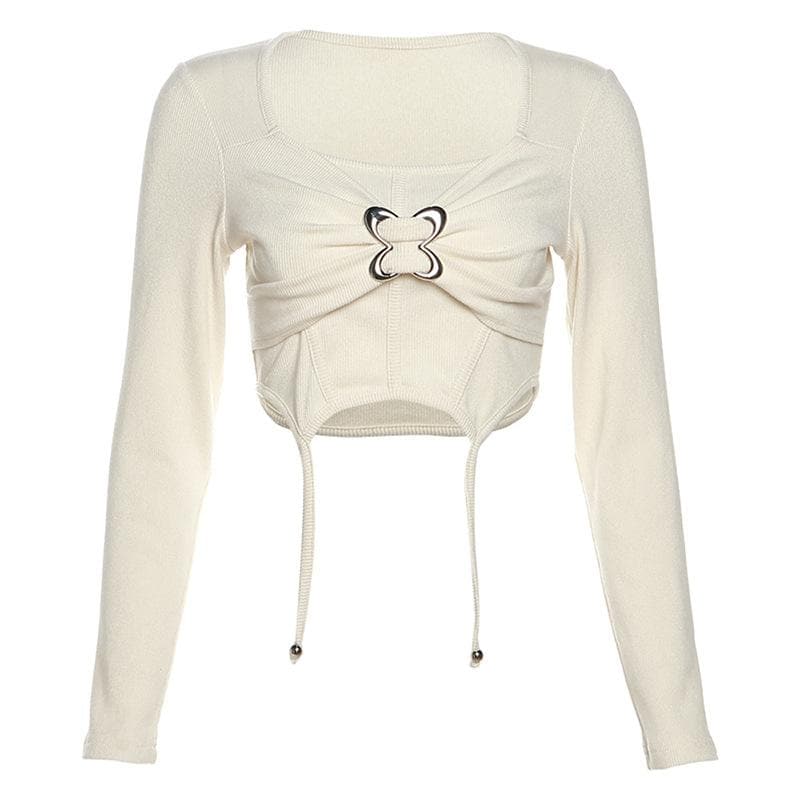 Patchwork butterfly buckle long sleeve solid square neck crop top