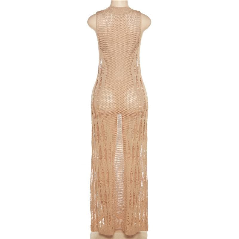 Crochet solid sleeveless see through round neck maxi dress