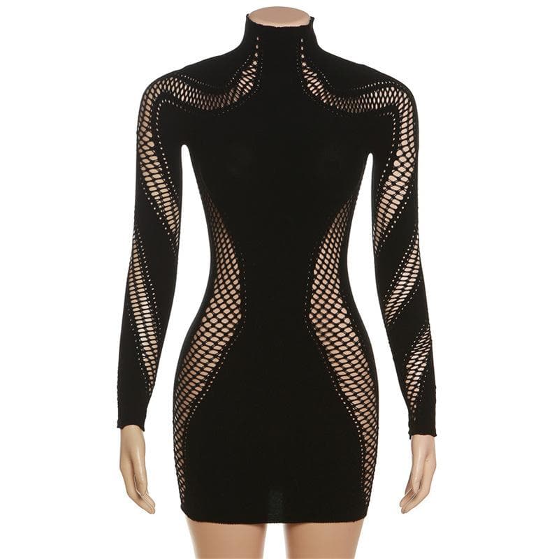 Hollow out solid long sleeve fishnet high neck mini dress