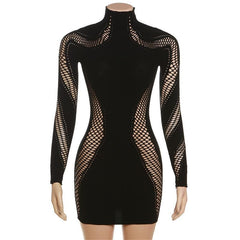 Hollow out solid long sleeve fishnet high neck mini dress