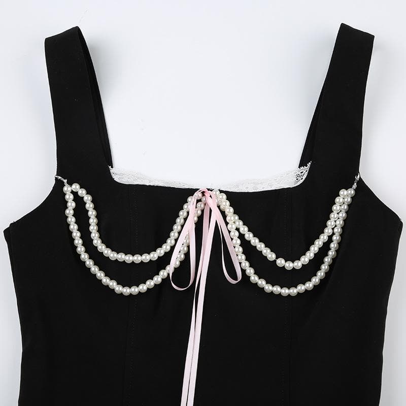 Pearl chain square neck lace hem sleeveless lace up crop top