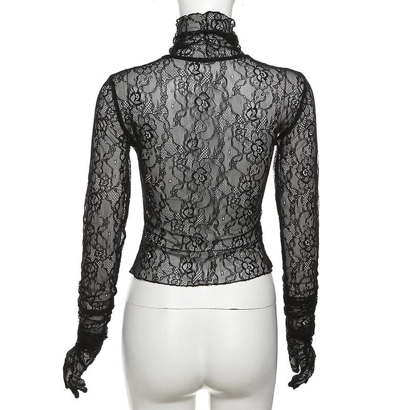 Lace see through gloves turtle neck solid long sleeve top